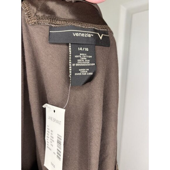 VENEZIA NEW Embellished Short Slv Tee Womens 14/16 Brown Sequins V-Neck - Picture 2 of 5